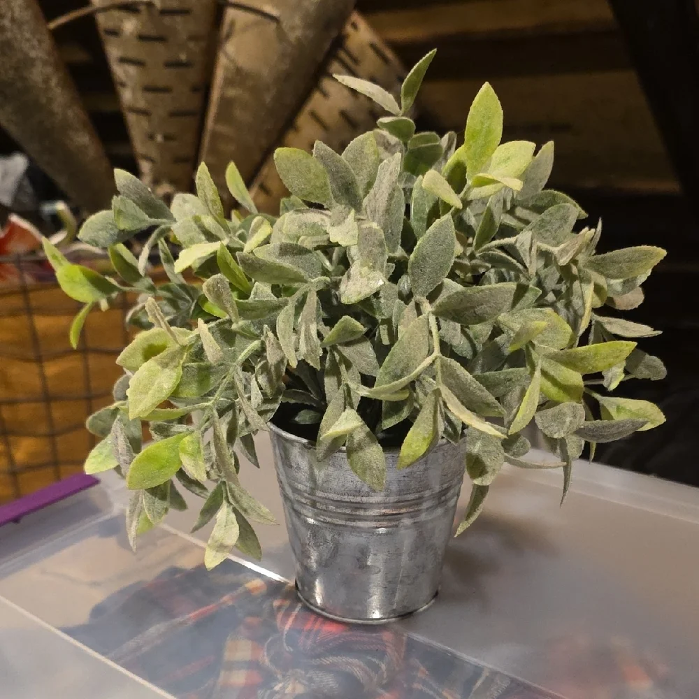 Green Faux Floral Arrangement in Silver Pot